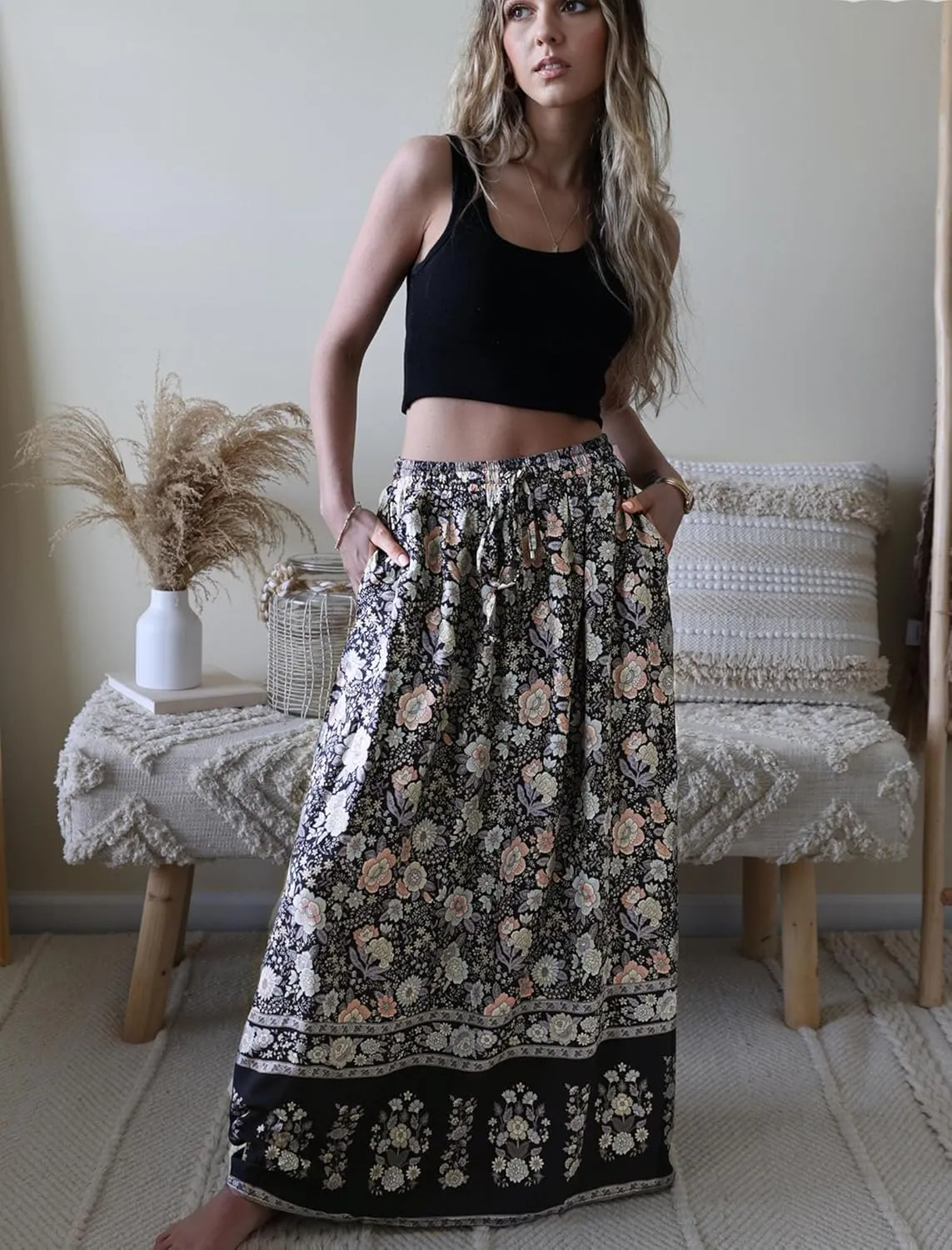 Zeagoo Women's 2024 Boho Floral Skirt Casual Elastic High Waist Maxi Skirts Flowy A Line Beach Long Skirt with Side Pockets