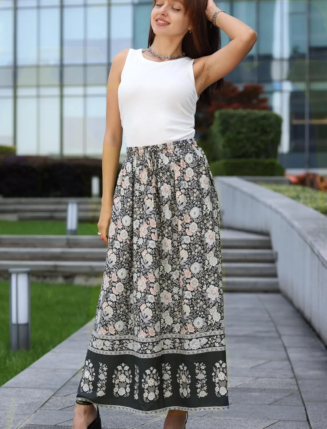 Zeagoo Women's 2024 Boho Floral Skirt Casual Elastic High Waist Maxi Skirts Flowy A Line Beach Long Skirt with Side Pockets