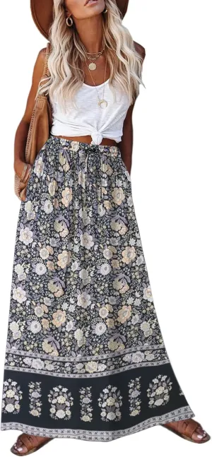 Zeagoo Women's 2024 Boho Floral Skirt Casual Elastic High Waist Maxi Skirts Flowy A Line Beach Long Skirt with Side Pockets