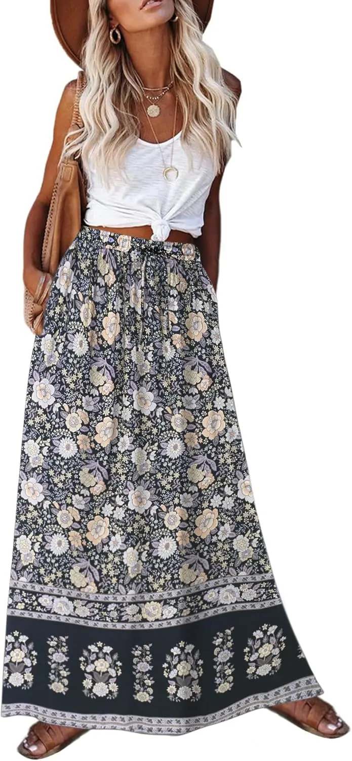 Zeagoo Women's 2024 Boho Floral Skirt Casual Elastic High Waist Maxi Skirts Flowy A Line Beach Long Skirt with Side Pockets