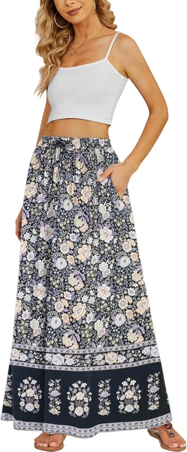 Zeagoo Women's 2024 Boho Floral Skirt Casual Elastic High Waist Maxi Skirts Flowy A Line Beach Long Skirt with Side Pockets
