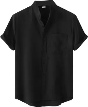 ZWRXW Men's Linen Shirts Short Sleeve Summer Casual Button Down Stand Collar Beach Lightweight Tops Tee
